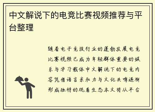 中文解说下的电竞比赛视频推荐与平台整理