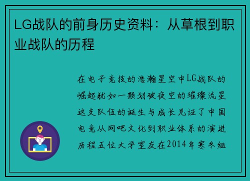 LG战队的前身历史资料：从草根到职业战队的历程